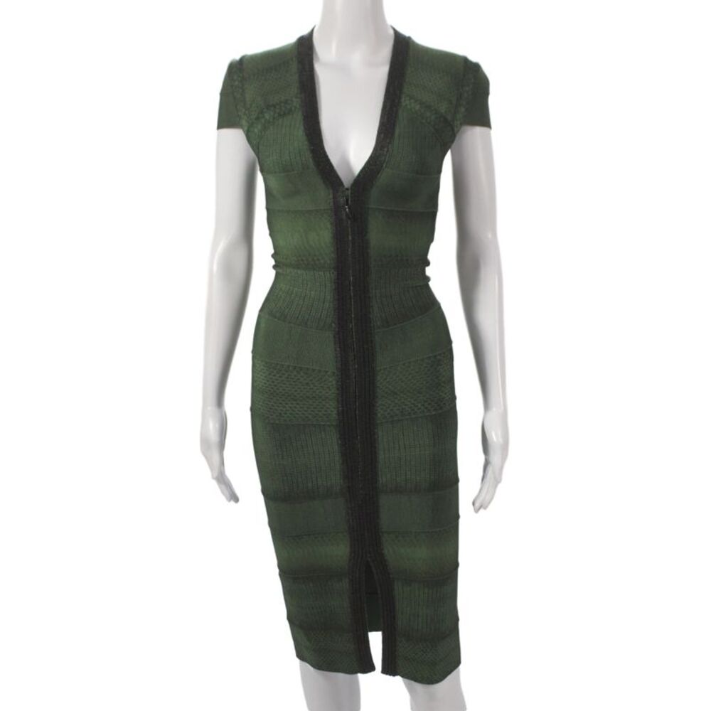 Herve Leger Women Bodycon Green V Neck Mid Calf Short Sleeve Dress Size XS